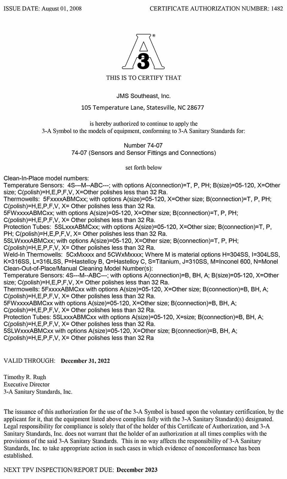 3A Certification JMS Southeast, Inc.